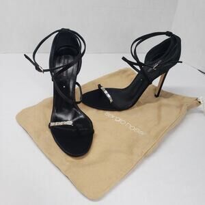 Sergio Rossi Heels Womens 9.5 Black Satin Crystal Ankle Wrap Elegant Italy Sexy